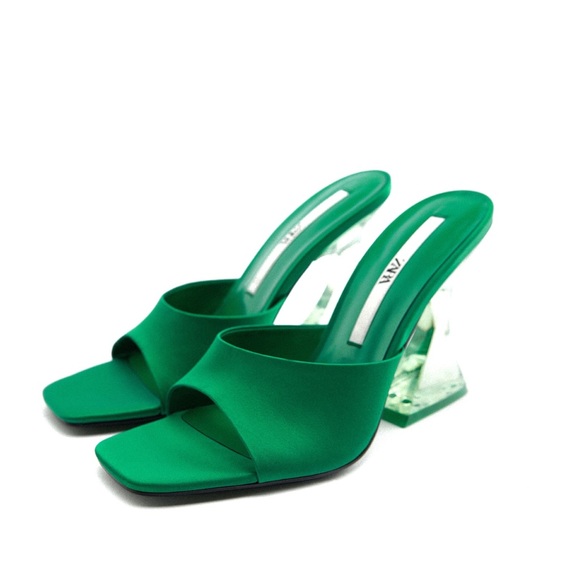 Zara NWT Green Satin Strap Clear Assymetrical Vinyl Green Heels Size 6.5 / 37 - Picture 6 of 14